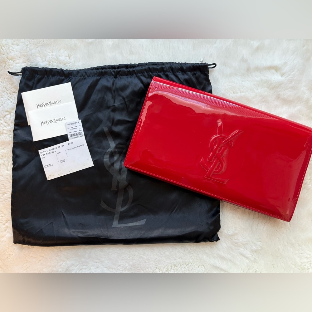 💋Saint Laurent YSL Belle de Jour Red Patent Leather Clutch Bag EUC AUTHENTIC💄